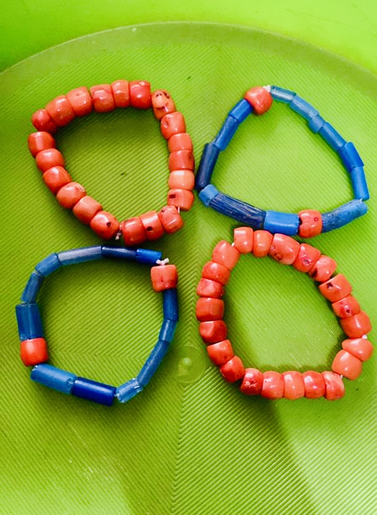 Coral and blue trade-bead bracelets