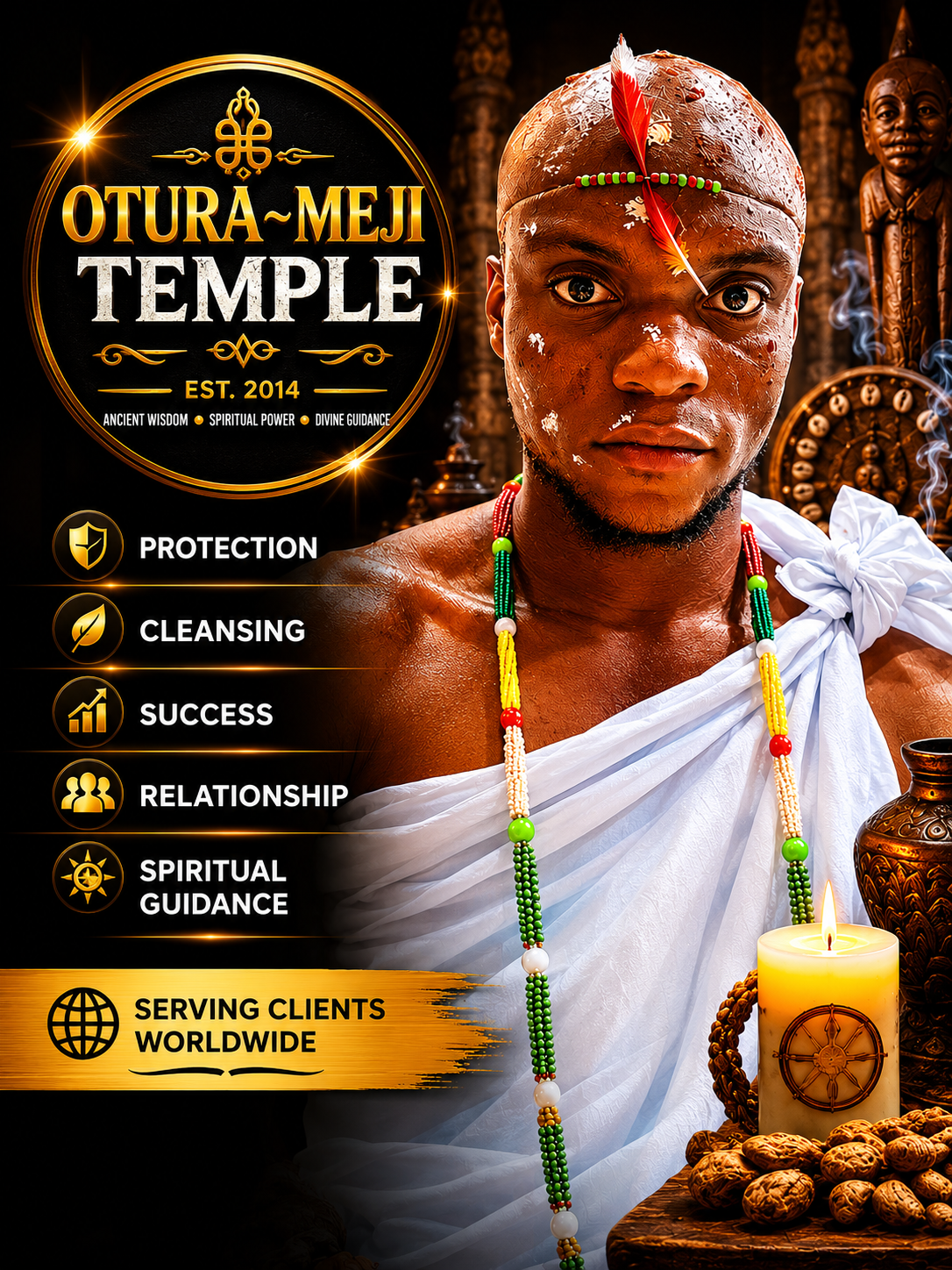 Babalawo Egbesegun Sangoshina, Grand Chief Priest and Founder of OTURA-MEJI Temple, in traditional Ifá attire